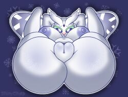anthro areola back_wings big_breasts big_butt blue_areola blue_nipples blush breasts butt female forehead_gem frosmoth gem generation_8_pokemon genitals hands_behind_back hands_behind_head hi_res looking_at_viewer lying nintendo nipples on_back plump_labia pokemon pokemon_(species) shinychaonsfw shortstack simple_background slightly_chubby solo spread_legs spreading thick_thighs vulva white_body wings
