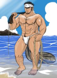 1boy 2015 abs bandana bara beach beard beefy black_eyes black_hair bulge bulge_through_clothing chest_hair daddy dilf feet fisherman fishnets full_body fundoshi fundoshi_only gay hairy headband hunk leg_hair male male_breasts male_only manly mature_male morning muscles muscular muscular_arms muscular_legs muscular_male muscular_thighs navel nipples original original_character outdoors pecs pubic_hair rokushaku_fundoshi rope sanpaku sea seaside short_hair six_pack sky solo standing thick_eyebrows toes uraharasan wet wet_body white_fundoshi yaoi