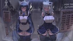 2girls ahoge alternate_breast_size_(larger) arknights arms_behind_back black_dress black_hair black_thighhighs blush bound bound_arms breasts commentary commission dress english_commentary enmaided gag grey_hair highres huge_breasts kajoki kneeling lappland_(arknights) long_hair maid maid_headdress multiple_girls restrained scar scar_across_eye scar_on_face second-party_source sex_toy smile texas_(arknights) thighhighs thighs very_long_hair vibrator wavy_mouth