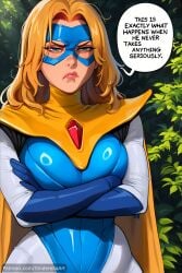 ai_generated annoyed annoyed_expression blonde blonde_blazer blonde_female blonde_hair blonde_hair_female blue_eyes busty caption comic comic_page commission curvaceous curvaceous_body curves curvy curvy_body curvy_female curvy_figure dialogue dispatch_(game) english_text heroine hourglass_figure large_breasts light-skinned_female light_skin outdoors patreon patreon_url patreon_username public sinderellaart superhero superheroine text text_bubble thick thick_legs voluptuous voluptuous_female