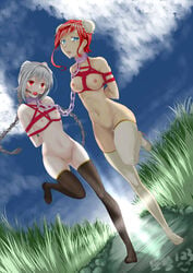 2girls arms_behind_back ball_gag black_clothing blue_eyes bondage bound bound_arms breasts chains chen_zi chinese_dress clothing collar eyes female female_only femsub footwear front_view fully_clothed gag gagged grass grey_hair heels leg_up linked_collar long_hair looking_at_viewer looking_away multiple_girls multiple_subs nipples nude open_eyes partially_clothed red_eyes red_hair rope rope_bondage rope_harness shoes standing standing_on_one_leg stockings thighhighs tied tied_up white_clothing