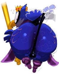 1boy 2d anus anus_peek ass ass_focus avian balls big_ass blue_body bubble_butt bulge crown demon feathers furry furry_male furry_only goatboydraws goetia headwear kings_of_hell looking_back looking_surprised male male_only monster nonhuman onomatopoeia owl owl_demon short shortstack simple_background solo solo_male stolas_(kings_of_hell) surprised text thong tiny_penis tugging_clothing white_background