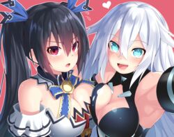 2girls aqua_eyes bangs bare_shoulders black_hair black_heart blue_eyes blush bodysuit breast_press breasts cleavage detached_collar detached_sleeves dress dual_persona eyebrows eyebrows_visible_through_hair female female_only garter_straps hair_between_eyes high_resolution large_breasts leaning leaning_back leotard long_hair looking_at_viewer looking_up lying multiple_girls neptunia_(series) noire oekakizuki open_mouth power_symbol red_eyes ribbon self_shot shiny shiny_hair shiny_skin smile symbol-shaped_pupils symmetrical_docking thick_thighs thighhighs thighs tied_hair twintails upper_body very_long_hair white_hair wide_hips