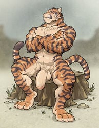 2017 abs angry anthro balls barefoot biceps big_muscles black_fur brown_eyes clenched_teeth crossed_arms fangs feline fur looking_at_viewer male male_only mammal manspreading muscular muscular_male navel nude orange_fur outside pecs penis sitting solo spreading stripes sulking teeth thick_penis tiger toes vein wfa whiskers white_fur