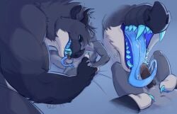 alternate_species anthro balls blue_background blue_teeth bodily_fluids canid canine canis dragon duo faceless_anthro faceless_character faceless_male fellatio fur genitals grey_body grey_fur hi_res larger_anthro larger_male long_tongue male male/male mammal mouth_shot mythological_creature mythological_scalie mythology noirenard open_mouth oral penile penis renard_(noirenard) saliva saliva_on_tongue scalie sex sharp_teeth simple_background size_difference smaller_anthro smaller_male teeth tongue wolf