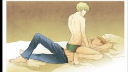 2boys alfred_jones america_(hetalia) arthur_kirkland axis_powers_hetalia england_(hetalia) gay jeans male_only sitting_on_person topless underwear yaoi