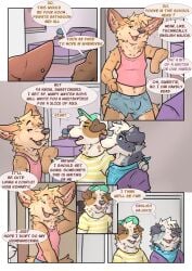 absurd_res annoyed anthro baileyx baseball_cap bed bedroom big_ears border_collie bottomwear bulge canid canine canis clothing college college_student collie comic denim denim_bottomwear denim_clothing denim_shorts dialogue domestic_dog ear_piercing ear_ring english_text eyeshadow fennec_fox floppy_ears fox furniture glistening group hat headgear headwear herding_dog hi_res hunting_dog jack_russell_terrier jeans kerchief laugh makeup male male/male mammal pants pastoral_dog pattern_clothing piercing ring_piercing romantic romantic_couple school sheepdog shirt shorts striped_clothing stripes tank_top teeth terrier text topwear torn_bottomwear torn_clothing torn_jeans torn_pants trio true_fox university