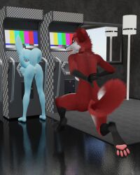 anthro anus arcade arcade_machine ass canid canine duo eeveelution female fox generation_1_pokemon genitals greasefoxanimation hi_res lamp_shade mammal nintendo pawpads paws pokemon pokemon_(species) stuck tail tongue tongue_out vaporeon vulva