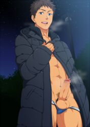 1boy abs anime_style bar_censor black_hair blue_eyes censored clothed clothing erect_penis fog human humanoid_penis looking_at_viewer looking_down male male_only muscular night open_coat open_eyes open_mouth outdoors partially_clothed precum pubic_hair public resfrio short_hair sky solo standing starry_sky street_lamp tan_skin testicles underwear