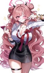 1girls absurdres black_choker black_skirt blue_archive breasts cellphone choker cleavage commentary cowboy_shot double_bun gyaru hair_bun halo hands_up high-waist_skirt highres holding holding_phone jewelry kirara_(blue_archive) large_breasts long_hair long_sleeves looking_at_viewer loose_necktie miniskirt nail_polish necklace necktie one_eye_closed open_mouth pencil_skirt phone pink_hair red_eyes red_nails sak_(lemondisk) shirt simple_background skirt smartphone smile solo standing thigh_strap white_background white_shirt