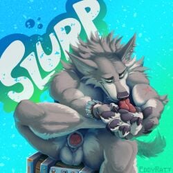 absurd_res anthro balls canid canine canis clothing digital_media_(artwork) eddyratt epic_games erection fortnite fur genitals hi_res humanoid male mammal muscular muscular_male nude penis simple_background smile solo tail text tongue wendell_(fortnite) wolf
