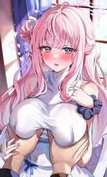1boy absurdres blue_archive blush breasts commentary dress female grabbing_another's_breast groping guided_breast_grab guiding_hand hair_bun halo hand_on_own_chest heart highres indoors large_breasts looking_at_viewer mika_(blue_archive) pink_hair pov pov_hands sak_(lemondisk) single_side_bun smile straight sweatdrop upper_body white_dress