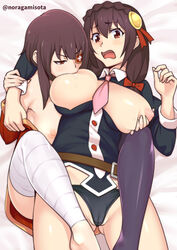 2girls ass_visible_through_thighs bandaged_leg bed bed_sheet big_breasts black_panties blush braid breast_grab breast_sucking breasts brown_hair catfight clothed_sex cowgirl_position dress eyepatch french_braid grabbing hair_ornament hair_ribbon half-closed_eyes kono_subarashii_sekai_ni_shukufuku_wo! large_breasts long_hair long_sleeves lying medium_hair megumin multiple_girls necktie no_bra noragamisota on_back on_bed open_mouth panties partially_visible_vulva red_eyes ribbon saliva sex sexfight sidelocks single_thighhigh small_breasts strapless strapless_dress sweat tears thighhighs tied_hair tube_dress twin_braids twitter_username underwear yunyun_(konosuba) yuri