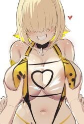 1boy 1girls ahoge blonde_hair blush breasts elegg_(boom_and_shock)_(nikke) elegg_(nikke) female goddess_of_victory:_nikke grabbing_another's_breast grin groping hair_over_eyes heart highres large_breasts long_bangs multicolored_hair navel pov shiny_skin short_hair simple_background sketch slingshot_swimsuit smile solo_focus swimsuit teeth two-tone_hair uzzy2801 white_background yellow_slingshot_swimsuit