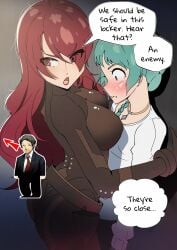 2girls ass big_breasts blush breasts female female_only flustered fuuka_yamagishi gjh_1 in_locker locker looking_at_breasts mitsuru_kirijo persona persona_3 persona_4_arena staring tohru_adachi yuri