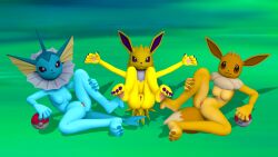 3d_(artwork) anthro claws clitoris digital_media_(artwork) eevee eeveelution female generation_1_pokemon genitals group hi_res jolteon looking_at_viewer looking_back nintendo pawpads paws pokeball pokemon pokemon_(species) sambro80 spread_arms spread_legs spreading trio vaporeon vulva