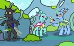 after_sex almost arthropod bodily_fluids carapace_(mlp) changeling colored cum cum_inside female feral friendship_is_magic genital_fluids genitals glowing group hasbro hi_res male male/female my_little_pony penis reformed_changeling spiracle_(mlp) tapering_penis trio vaginal_penetration wasisi wasisi_(wasisi)