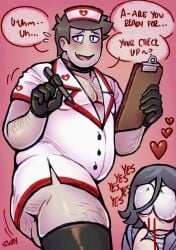 1boy1girl angel_martinez chubby clinical_trial_(game) female hairy hairy_ass hairy_male junjomonstah lee_smith male nosebleed nurse nurse_uniform pinup pinup_pose