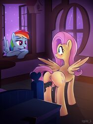 2017 anus ass bed blush clitoris cutie_mark dildo duo equine eye_contact feathered_wings feathers female feral fluttershy_(mlp) friendship_is_magic furniture hair inside mammal masturbation multicolored_hair my_little_pony night pegasus penetration pink_hair pussy pussy_juice rainbow_dash_(mlp) rainbow_hair sex_toy sky spread_wings star syoee_b vaginal_penetration vaginal_penetration window wings