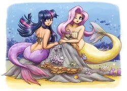 2019 2girls alternate_species ambient_coral ambient_fish ambient_sealife bare_shoulders bra clothing duo female fluttershy_(mlp) friendship_is_magic hair hasbro hi_res humanoid_merfolk king-kakapo long_hair looking_at_viewer looking_back looking_back_at_viewer marine merfolk mermay my_little_pony one_eye_closed pink_hair purple_body purple_scales purple_tail scales sea seabed seashell_bra sitting smile split_form strapless_bra strapless_clothing strapless_underwear tail twilight_sparkle_(mlp) underwater underwear water wink winking_at_viewer yellow_body yellow_scales yellow_tail