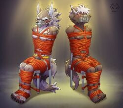 4_toes ankles_tied anthro arms_tied artist_logo athletic athletic_anthro athletic_male black_nose black_sclera blush bondage bound canid canine canis chair chair_bondage cheek_tuft claws clothed clothed_anthro clothed_male clothing domestic_dog duo facial_tuft feet fully_bound fur furniture gag gagged genital_rope green_eyes grey_body grey_fur hair hands_behind_back hi_res inner_ear_fluff jackal jockstrap jockstrap_only legs_tied lifewonders logo male mammal moire_dragon muffled navel neck_tuft nipples on_chair penis_rope red_eyes restrained restraints rope rope_bondage rope_harness scarf seth_(tas) sitting sitting_on_chair submissive submissive_anthro submissive_male tadatomo_(tas) tail tape tape_gag toe_claws toe_restraints toes toes_tied tokyo_afterschool_summoners topless tuft underwear underwear_only white_body white_fur white_hair