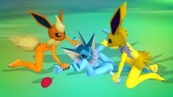 3d_(artwork) anthro claws clitoris digital_media_(artwork) dildo eeveelution female flareon generation_1_pokemon genitals group jolteon looking_at_viewer looking_back nintendo pawpads paws pokeball pokemon pokemon_(species) sambro80 sex_toy spread_arms spread_legs spreading trio vaporeon vulva