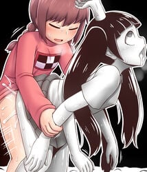 2girls bangs bent_over black_eyes black_hair black_skirt blunt_bangs blush bottomless braid brown_hair closed_eyes cum drooling futanari heavy_breathing highres implied_futanari long_hair madotsuki monoko motion_lines multi_arm multi_limb multiple_girls open_mouth outline pussy_juice rantana_(lalalalackluster) rolling_eyes sex shirt skirt skirt_lift sweat tied_hair twin_braids twintails white_outline white_shirt white_skin wrist_grab yume_nikki