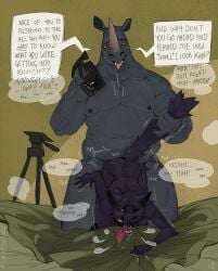anthro duo english_text facial_horn facial_piercing female hi_res horn male male/female mammal muscular muscular_male nose_horn nose_piercing nose_ring piercing profanity rhinoceros ring_piercing speech_bubble tail text tongue tongue_out twistedteeth