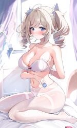 1girls absurdres ahoge alternate_costume barbara_(genshin_impact) blonde_hair blue_eyes blush bra breasts cleavage collarbone commentary condom condom_box drill_hair female genshin_impact highres holding holding_condom indoors large_breasts light_smile looking_at_viewer navel panties panties_under_pantyhose pantyhose sak_(lemondisk) sitting solo twin_drills twintails underwear wariza white_bra white_panties white_pantyhose
