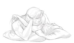 2boys after_sex arm_around_neck cloud_strife commentary completely_nude couple elbow_rest final_fantasy final_fantasy_vii head_on_hand head_on_pillow highres huaihecc light_smile long_hair looking_at_another looking_down looking_up lying male male_focus monochrome multiple_boys nude on_back on_stomach pillow sephiroth short_hair spiked_hair toned toned_male upper_body yaoi