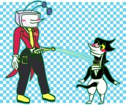 abstract_background absurd_res animal_genitalia animate_inanimate antennae_(anatomy) anthro belt belt_buckle black_hair blush bodily_fluids bottomless bottomwear buckle clothed clothing crt darkner deltarune dress_shoes drinking drinking_urine duo eyewear flat_colors genital_fluids genitals glasses gloves hair handwear heterochromia hi_res humanoid m-a-dragon machine male male/male multi_genitalia multi_penis necktie open_bottomwear open_clothing open_pants ovipositor pants peeing penis penis_tentacles precum puppet robot sheath short_stack spam_mail spamton_g._spamton standing suit tenna_(deltarune) tentacle thick_thighs toby_fox_(copyright) toony toony_eyes undertale_(series) urine urine_in_mouth watersports