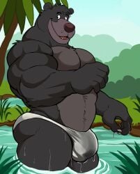 1boy absurd_res anthro ass baloo bear big_butt big_muscles briefs briefs_only bulge claws clothed clothing darknaigart dripping dripping_wet finger_claws flaccid forest fur head_tuft hi_res huge_muscles jungle male male_only mammal muscular muscular_anthro muscular_male navel open_mouth outside partially_submerged pecs plant shaded sloth_bear smile solo solo_male standing_in_water teeth_showing the_jungle_book thick_neck tongue topless tree tuft underwear underwear_only ursine