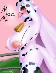 absurd_res accessory animal_print animal_print_bikini anthro areola ass avian big_breasts big_butt bikini bikini_top bodily_fluids bracelet breast_milking breasts clothing cow_print cow_print_bikini cow_suit cowbell dairy_products elelite exposed_breasts feathers female food footwear fur helluva_boss hi_res humanoid jewelry lactating milk nipples pattern_bikini pattern_clothing pattern_swimwear red_eyes simple_background socks solo stella_(helluva_boss) swimwear tail thick_thighs two-piece_swimsuit white_body white_fur