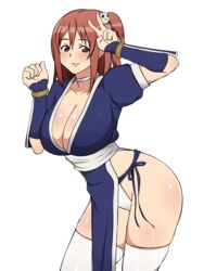 arm_guards blush body_blush breasts brown_eyes brown_hair choker cleavage clothing contrapposto cosplay dead_or_alive female grin highres honoka_(doa) huge_breasts kagemusha kasumi_(doa) kasumi_(doa)_(cosplay) leaning_forward looking_at_viewer no_bra obi one_side_up panties pelvic_curtain sash side-tie_panties side_slit smile solo standing thighhighs underwear v white_legwear white_panties