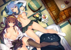 breasts kantai_collection kongou_(kantai_collection) nipples no_bra nopan obiwan open_clothes open_shirt pussy_juice seifuku shirt shirt_lift thighhighs urakaze_(kantai_collection)