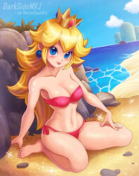 1girls barefoot bikini blonde_hair blue_eyes breasts cleavage crown earrings feet female female_only long_hair looking_at_viewer mario_(series) maximumvideojustice nintendo outdoors princess_peach solo super_mario_bros. toes