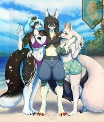 absurd_res anthro beach berger_blanc_suisse big_breasts bikini blue_hair bottomwear breast_grab breasts canid canine canis clothing digitigrade domestic_dog female female_anthro fur gesture goatykai hair hand_gesture hand_on_breast herding_dog hi_res huge_filesize looking_at_viewer male male_anthro mammal multicolored_body multicolored_fur pastoral_dog plantigrade shorts swimwear tongue tongue_out tsarina two-piece_swimsuit v_sign white_body white_fur