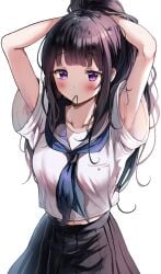 1girls absurdres adjusting_hair armpits arms_up black_hair black_skirt blush breasts chitanda_eru hair_tie_in_mouth hands_in_hair highres hyouka kamiyama_high_school_uniform_(hyouka) large_breasts long_hair looking_at_viewer midriff_peek mouth_hold navel neckerchief purple_eyes sailor_collar sak_(lemondisk) school_uniform shirt short_sleeves simple_background skirt solo summer_uniform tying_hair white_shirt