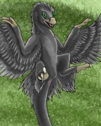 2017 absurd_res ambiguous_gender animal_genitalia betlv black_feathers claws cloaca dinosaur feathered_wings feathers feral foliage green_background green_eyes hi_res leaves lying microraptor nature no_sclera nude on_back open_mouth raptor scalie shaded simple_background slit_pupils solo spread_legs spreading teeth theropod toe_claws tongue winged_arms wings