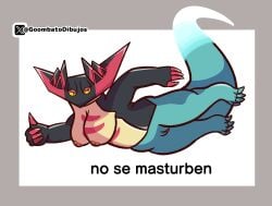 absurd_res anthro big_breasts big_tail breasts dragapult dragon español female feral floating game_freak generation_8_pokemon genitals goombato_dibujos hi_res meme meme_reference mythological_creature mythological_scalie mythology nintendo nude pokemon pokemon_(species) pussy scalie simple_background solo spanish spanish_text tail text yellow_eyes