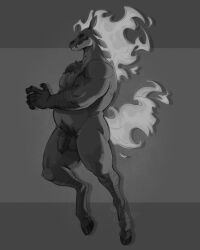 anthro balls digitigrade equid equine fire flaccid flaming_hair flaming_mane flaming_tail genitals grey_background greyscale hi_res hooves horse male mammal monochrome muscular muscular_anthro muscular_male noirenard nude_anthro nude_male penis pseudo_hair pseudo_mane pubes simple_background solo tail