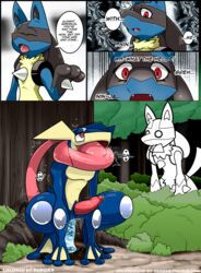 2boys anthro bush colored comic edit english_text forest fur furry greninja hi_res kivwolf lucario male_only nintendo outside pokemon pokemon_(species) pokemon_dppt pokemon_xy red_eyes redoxx teeth text tree video_games