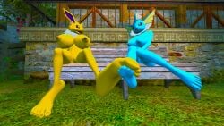 3d_(artwork) anthro areola big_breasts big_feet blue_areola blue_nipples breasts digital_media_(artwork) duo eeveelution feet female foot_fetish foot_size_difference frill_(anatomy) generation_1_pokemon genitals jolteon nintendo nipples nude pokemon pokemon_(species) sfmff2 source_filmmaker_(artwork) touching_feet vaporeon vulva yellow_areola yellow_nipples