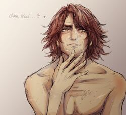 1boy ardyn_izunia blush body_hair cum facial facial_hair final_fantasy final_fantasy_xv looking_at_viewer male male_only naughty_face red_hair smile smirk solo solo_focus text