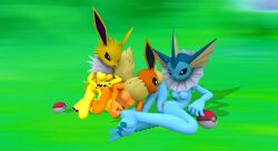 3d_(artwork) anthro claws clitoris digital_media_(artwork) eevee eeveelution female generation_1_pokemon genitals group hi_res jolteon looking_at_viewer looking_back nintendo pawpads paws pokeball pokemon pokemon_(species) sambro80 spread_arms spread_legs spreading trio vaporeon vulva