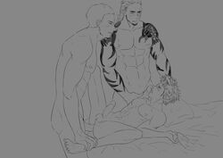 2boys 3boys abs anal barefoot cor_leonis erection facial_hair fellatio final_fantasy final_fantasy_xv gay gladiolus_amicitia human human_only lying male male/male male_only male_penetrated male_penetrating multiple_boys muscle pecs penetration penis prompto_argentum sex sketch spitroast tattoo thechecking threesome yaoi