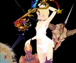 black_background black_dog_(artist) blonde_hair blue_eyes chains charastudio demon doom doom_(series) doujin_cover imp keyblade kingdom_hearts koikatsu namine render torn_clothes torn_clothing weapon weapons