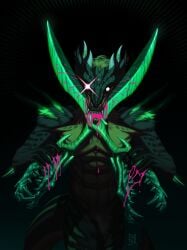 anthro arm_tuft blood bodily_fluids colored_blood dragon fangs front_view fur furred_dragon furred_scalie glowing glowing_eyes green_body green_fur green_hair grey_body grey_fur hair hi_res holding_object holding_scissors horn looking_at_viewer male mythological_creature mythological_scalie mythology nude pink_blood portrait riorix scalie scissors self-harm sharp_teeth shoulder_tuft solo standing teeth three-quarter_portrait tuft unusual_blood unusual_bodily_fluids white_eyes