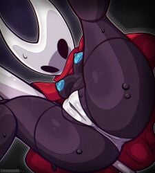 2025 2_horns absurd_res areola arthropod artist_name ass belly black_body black_eyes blue_areola blue_nipples bodily_fluids breasts camel_toe cloak clothing emmavania english_text female genital_outline hi_res hollow_knight horn hornet_(hollow_knight) low-angle_view nipples pussy_outline red_cloak red_clothing solo sweat sweatdrop team_cherry text underwear white_head