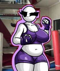 :3 bald bald_female belly belly_button black_eyes boxing boxing_ring breasts chetoh chubby chubby_female claire_(chetoh) egg female female_focus female_only fingerless_gloves fists fists_clenched gloves looking_at_viewer oc original original_character photo_background purple_bottomwear purple_topwear shorts smile smiling smiling_at_viewer sports_bra white_body